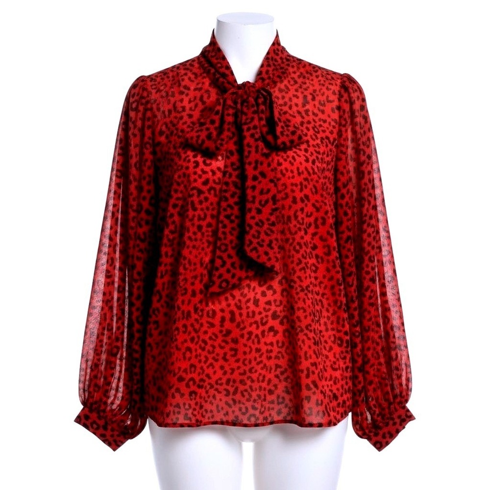 Chico's Red Leopard Print Tie Neck Blouse Womens Size 2 L 12/14 Animal Print